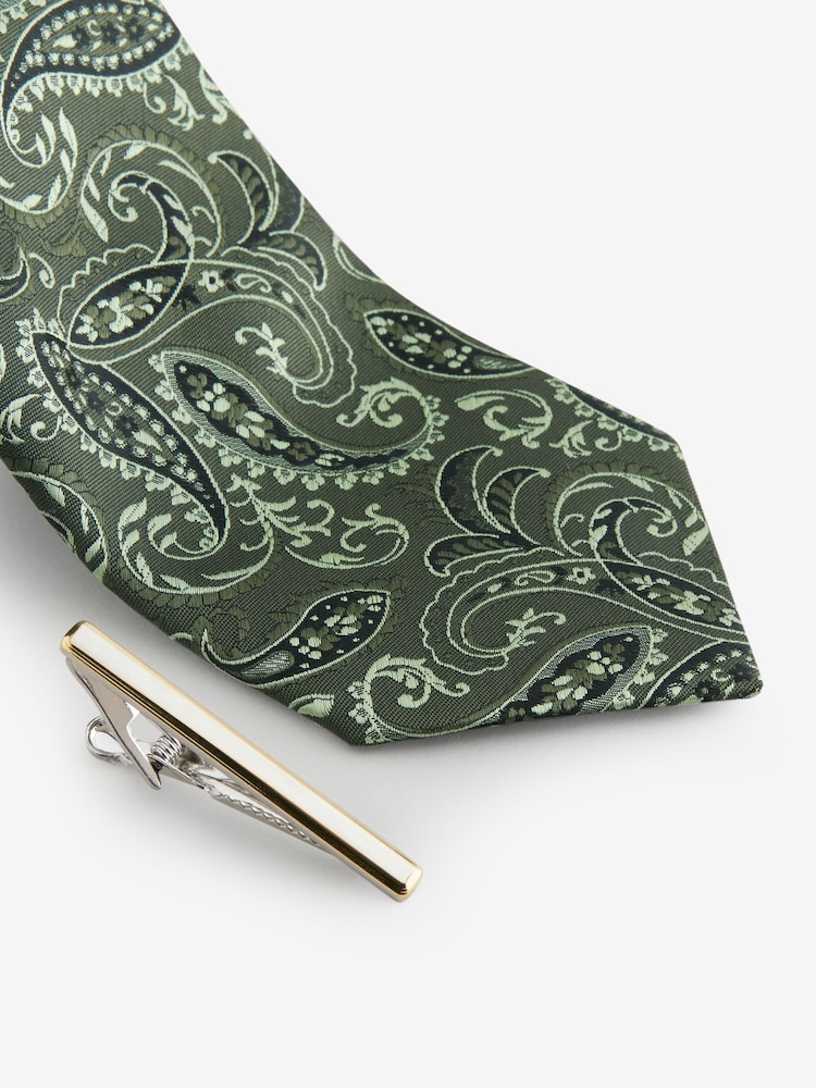 Green Paisley Slim Design Tie And Tie Clip - Image 2 of 3