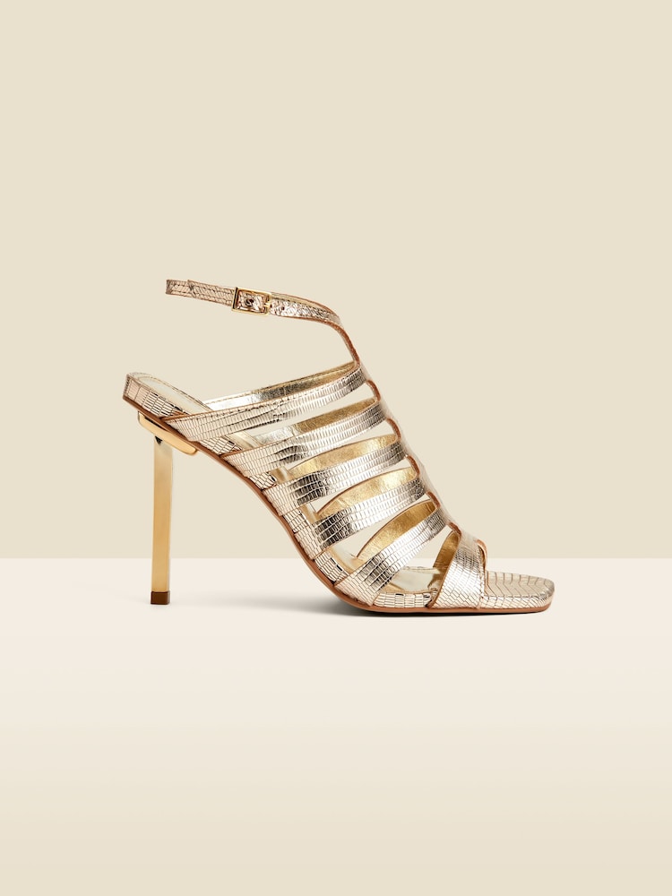 Sosandar Gold Leather Gladiator Square Toe Strap Sandals - Image 1 of 4