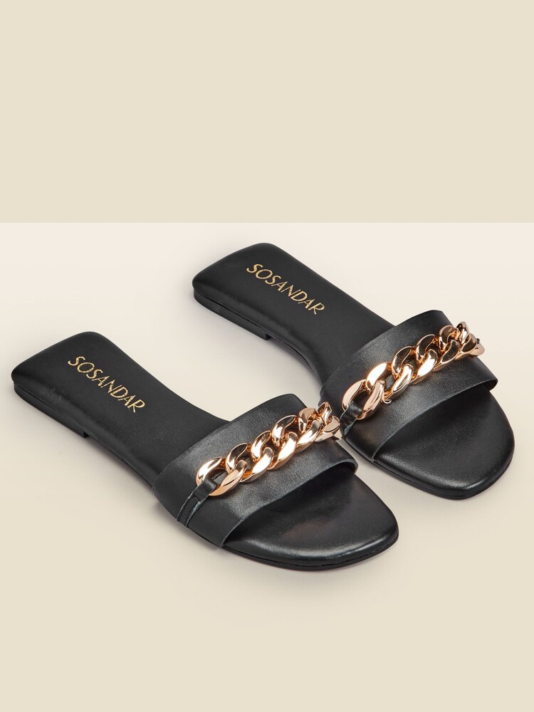 Sosandar Black Paradiso Chain Detail Flat Leather Mules Sandals - Image 1 of 3
