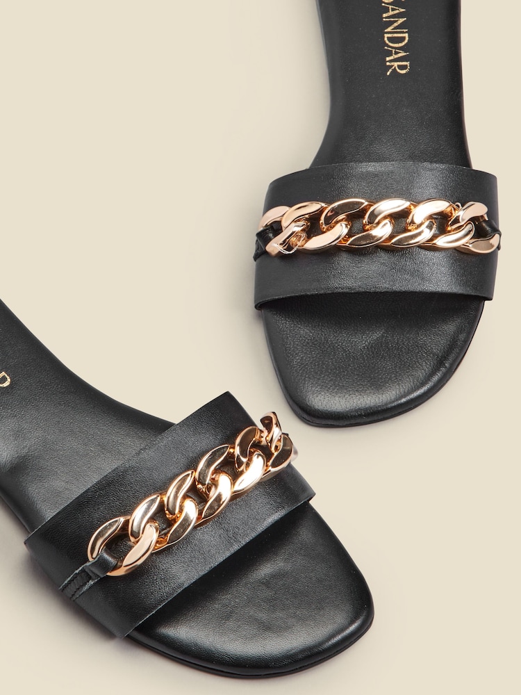 Sosandar Black Paradiso Chain Detail Flat Leather Mules Sandals - Image 3 of 3