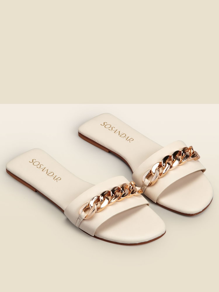 Sosandar Cream Paradiso Chain Detail Flat Leather Mules Sandals - Image 1 of 3