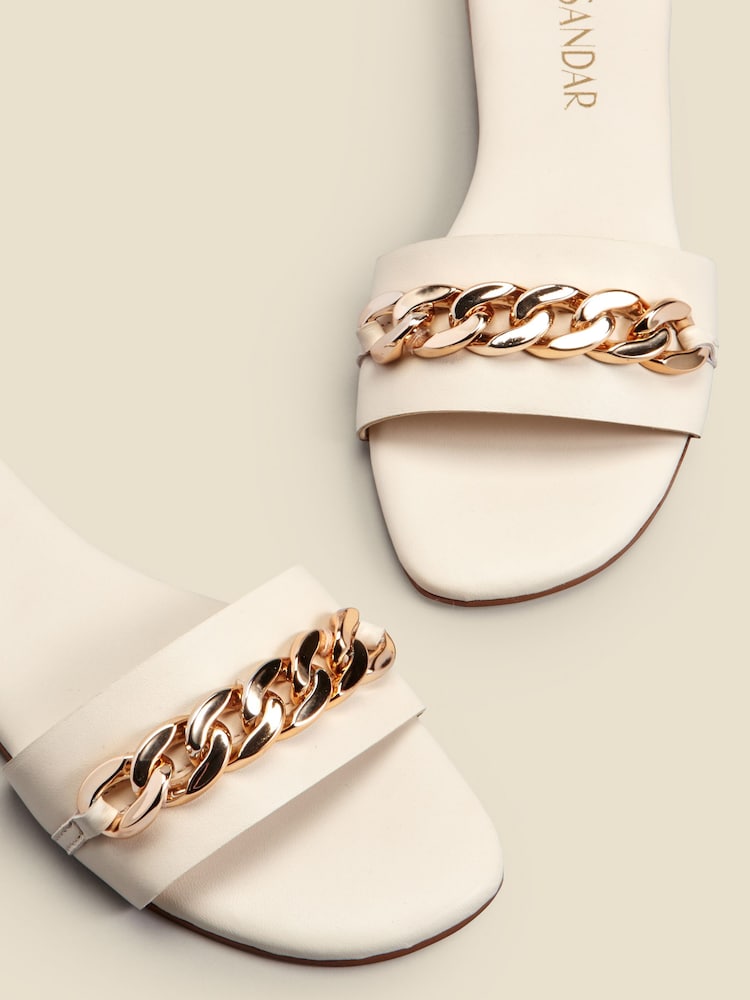 Sosandar Cream Paradiso Chain Detail Flat Leather Mules Sandals - Image 3 of 3