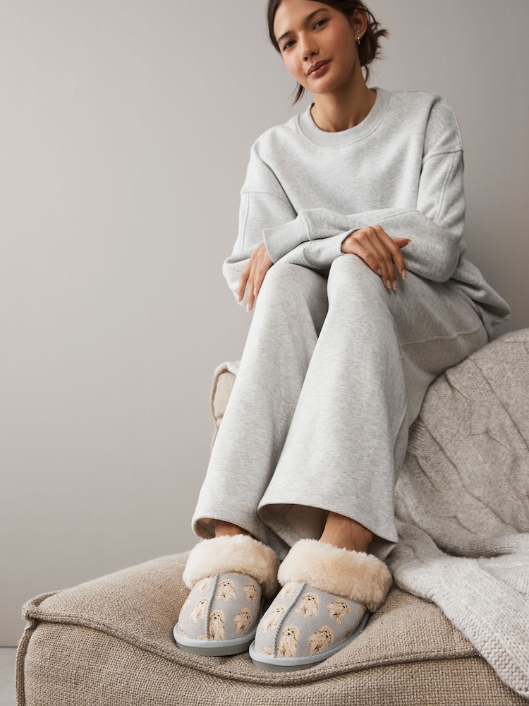 Grey Charlie the Cockapoo Suede Mule Slippers - Image 2 of 9 Grey Charlie the Cockapoo Suede Mule Slippers - Image 2 of 9