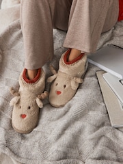 Brown Faux Fur Reindeer Boot Slippers - Image 1 of 9