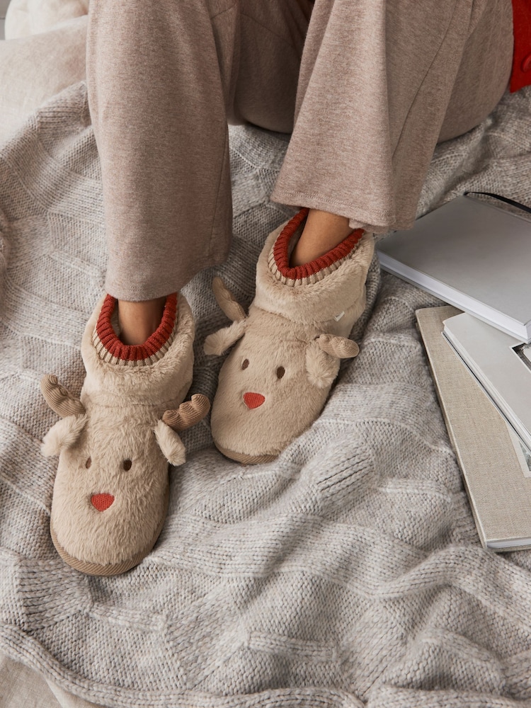 Brown Faux Fur Reindeer Boot Slippers - Image 1 of 9