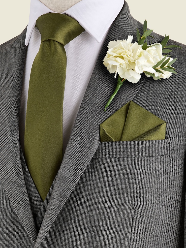 Moss Green Silk Tie And Pocket Square Set - Image 1 of 7