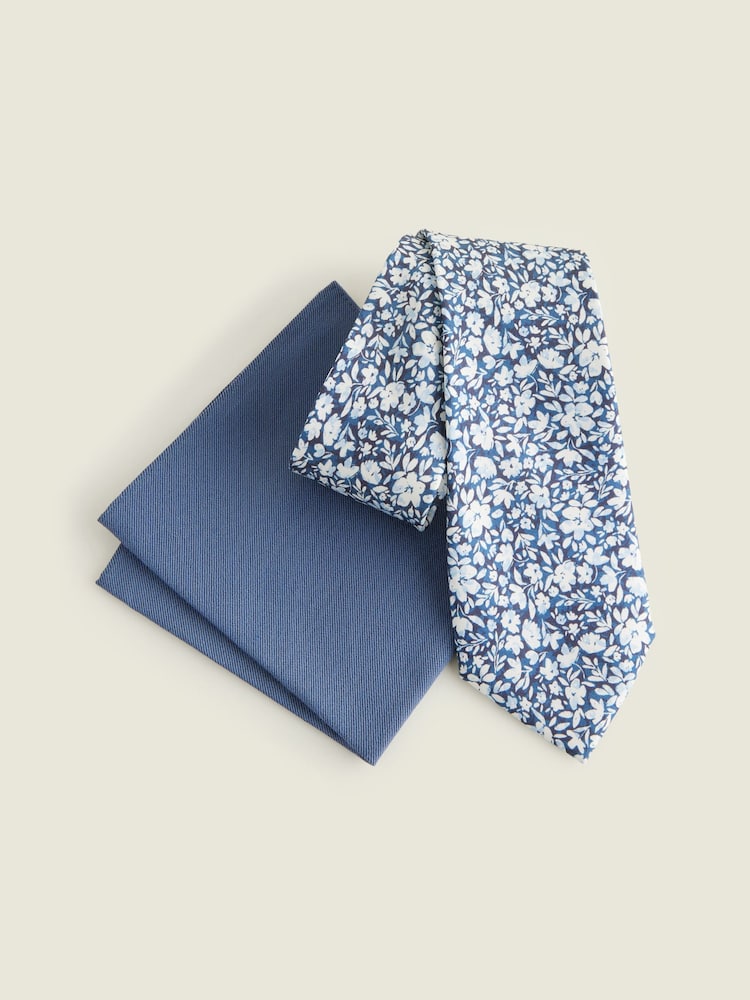Blau - Florale Seidenkrawatte und Einstecktuch aus Seidenmischung - Bild 2 von 6