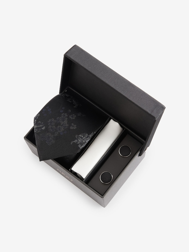 Black Floral Silk Tie, Pocket Square and Cufflinks Gift Box Set - Image 1 of 3