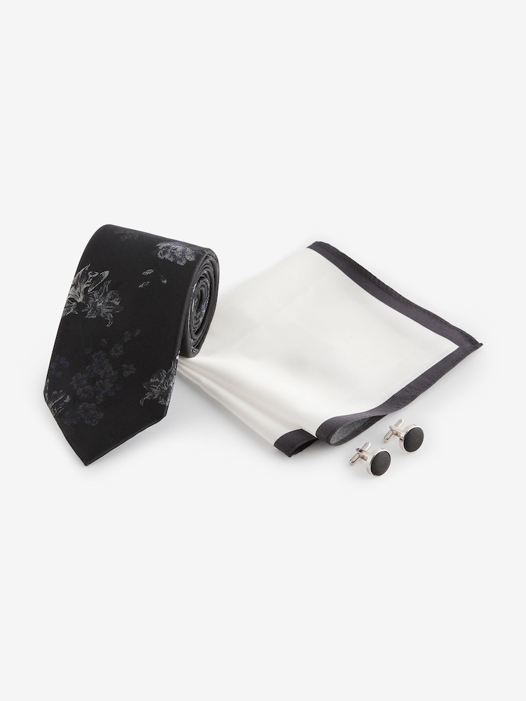 Black Floral Silk Tie, Pocket Square and Cufflinks Gift Box Set - Image 2 of 3