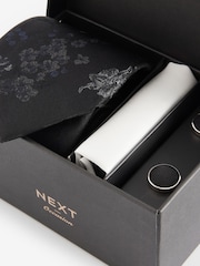 Black Floral Silk Tie, Pocket Square and Cufflinks Gift Box Set - Image 3 of 3
