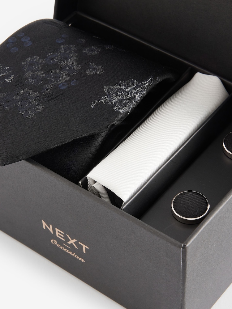 Black Floral Silk Tie, Pocket Square and Cufflinks Gift Box Set - Image 3 of 3