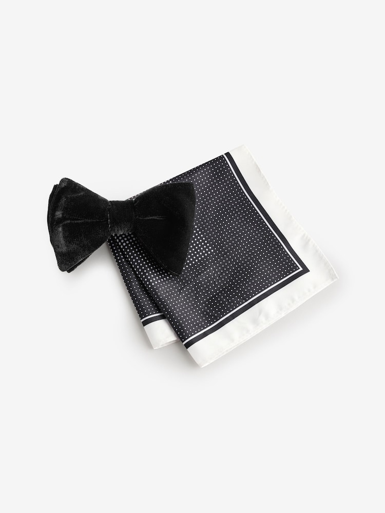 Black Velvet/Polka Dot Bow Tie And Pocket Square Set - Image 1 of 4