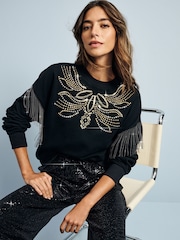 Black Studded and Fringe Embellished Dropped Shoulder Crew Neck Sweatshirt - Image 1 of 4