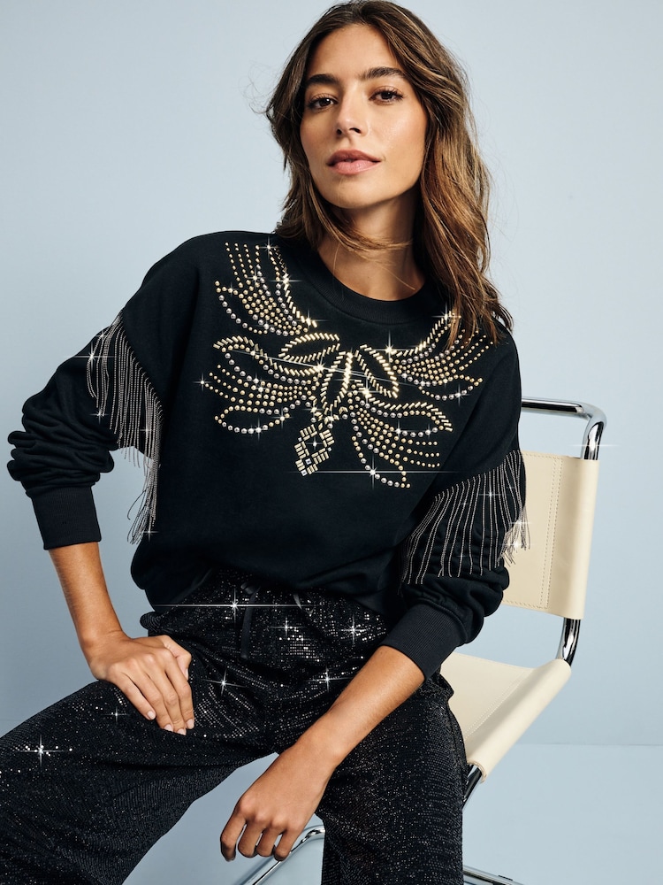 Black Studded and Fringe Embellished Dropped Shoulder Crew Neck Sweatshirt - Image 1 of 4
