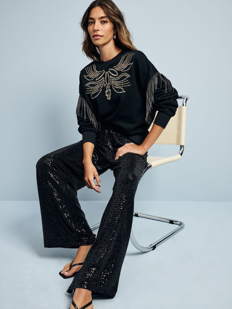 Black Studded and Fringe Embellished Dropped Shoulder Crew Neck Sweatshirt - Image 2 of 4