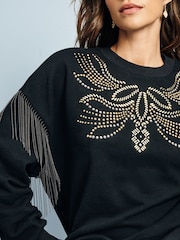 Black Studded and Fringe Embellished Dropped Shoulder Crew Neck Sweatshirt - Image 4 of 4