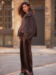 Chocolate Brown Velvet Soft Touch Drawstring Wide Leg Track Trousers - Image 1 of 8