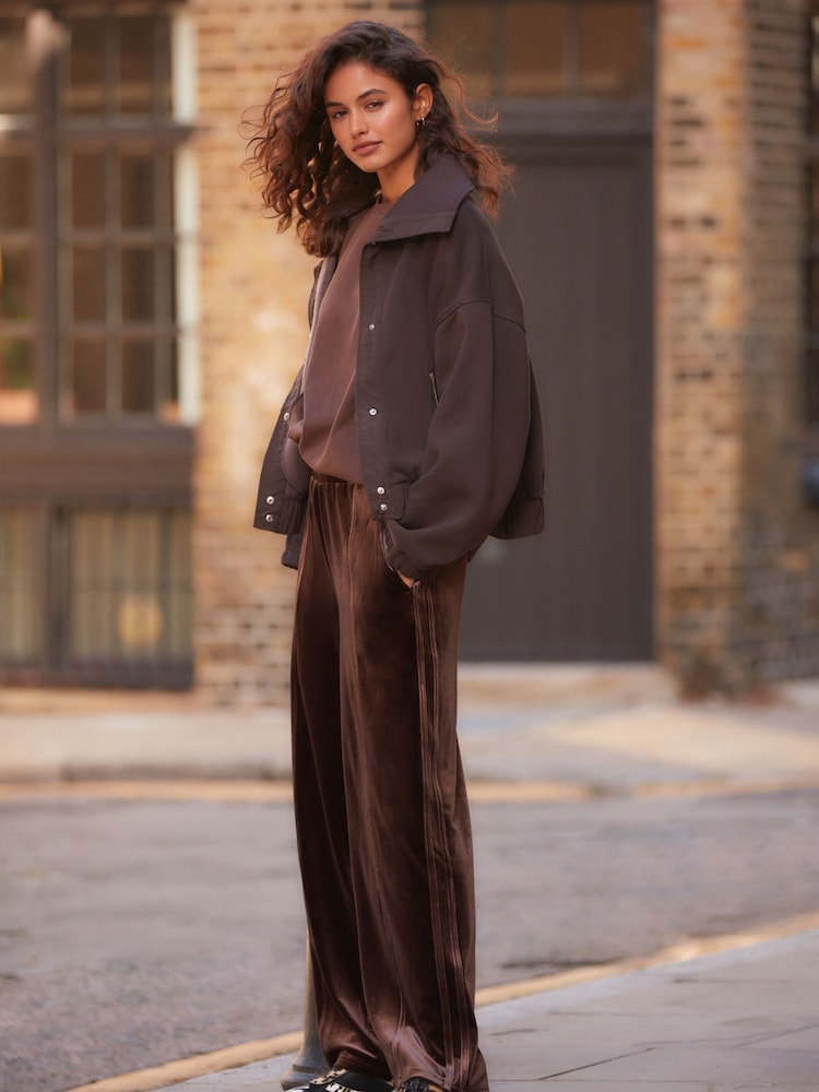 Chocolate Brown Velvet Soft Touch Drawstring Wide Leg Track Trousers - Image 1 of 8