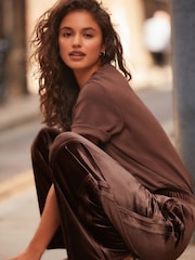 Chocolate Brown Velvet Soft Touch Drawstring Wide Leg Track Trousers - Image 3 of 8