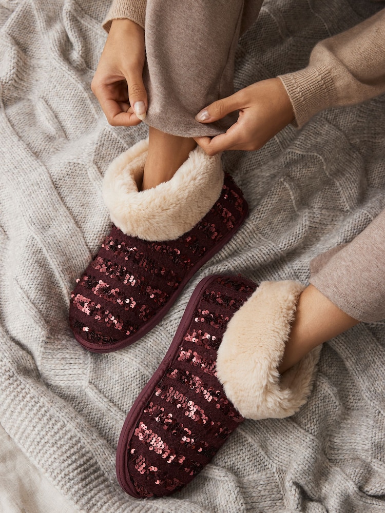 Burgundy Red Sequin Faux Fur Lined Boot Slippers - Image 1 of 8