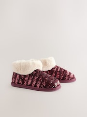 Burgundy Red Sequin Faux Fur Lined Boot Slippers - Image 3 of 8