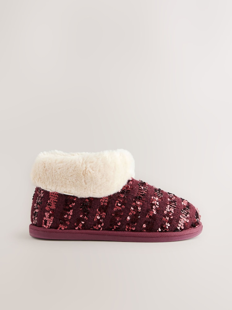 Burgundy Red Sequin Faux Fur Lined Boot Slippers - Image 4 of 8