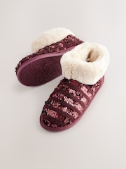 Burgundy Red Sequin Faux Fur Lined Boot Slippers - Image 5 of 8