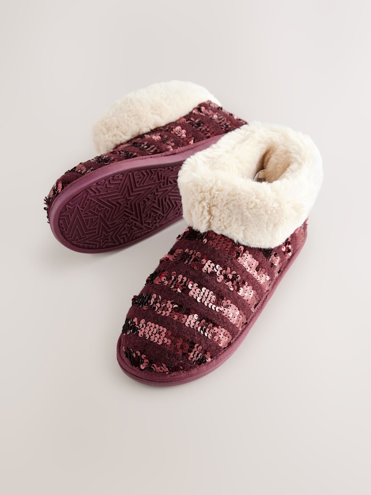 Burgundy Red Sequin Faux Fur Lined Boot Slippers - Image 5 of 8