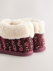 Burgundy Red Sequin Faux Fur Lined Boot Slippers - Image 6 of 8