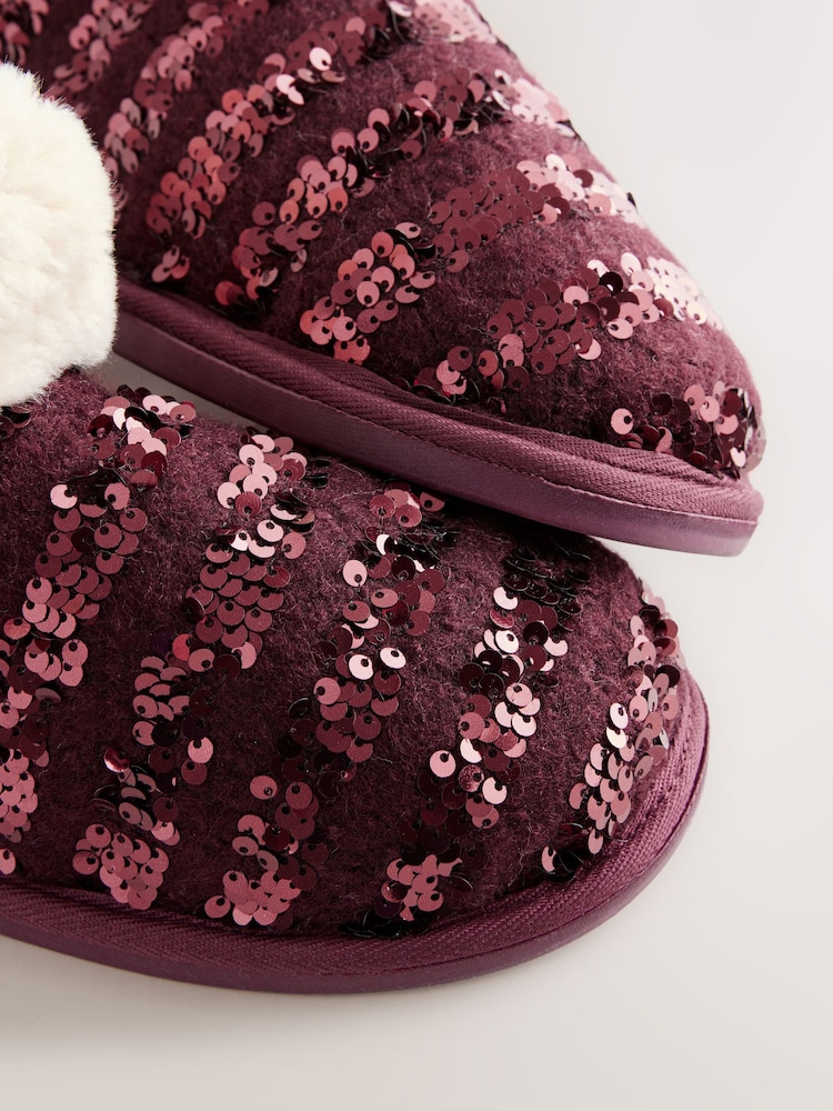 Burgundy Red Sequin Faux Fur Lined Boot Slippers - Image 7 of 8