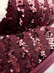 Burgundy Red Sequin Faux Fur Lined Boot Slippers - Image 8 of 8