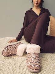 كريم - Sequin Faux Fur Lined Boot Slippers - صورة 1 من 2