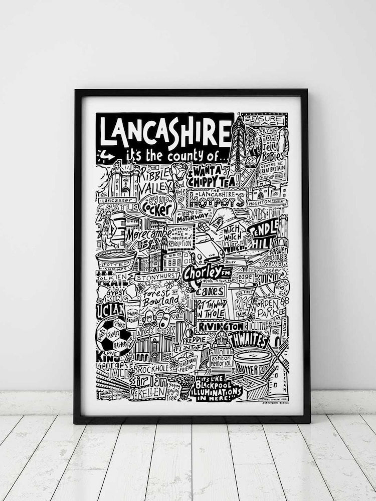 Sketchbook Design Black Lancashire Landmarks Illustration Framed Wall Art Print - Black A3 Frame - Image 1 of 4 Sketchbook Design Black Lancashire Landmarks Illustration Framed Wall Art Print - Black A3 Frame - Image 1 of 4