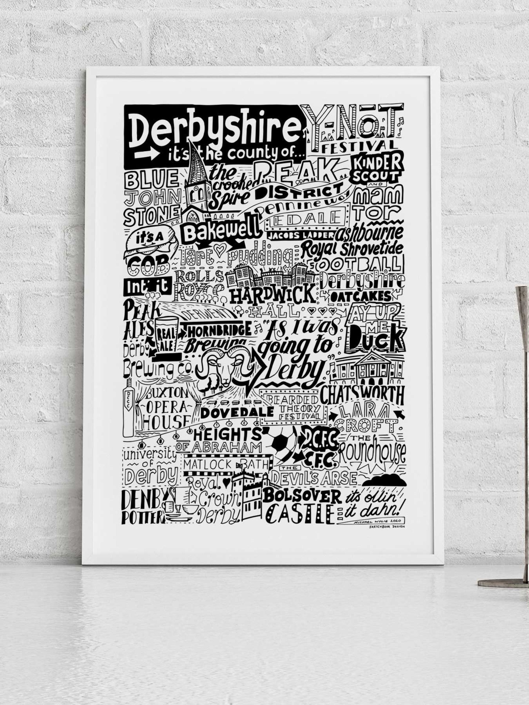 Sketchbook Design Unisex Black Derbyshire Landmarks Illustration Framed Wall Art Print - White A4 Frame - Image 1