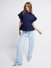 River Island Blue 100% Cotton Pleated Hem T-Shirt - Image 1 of 6