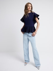 River Island Blue 100% Cotton Pleated Hem T-Shirt - Image 3 of 6
