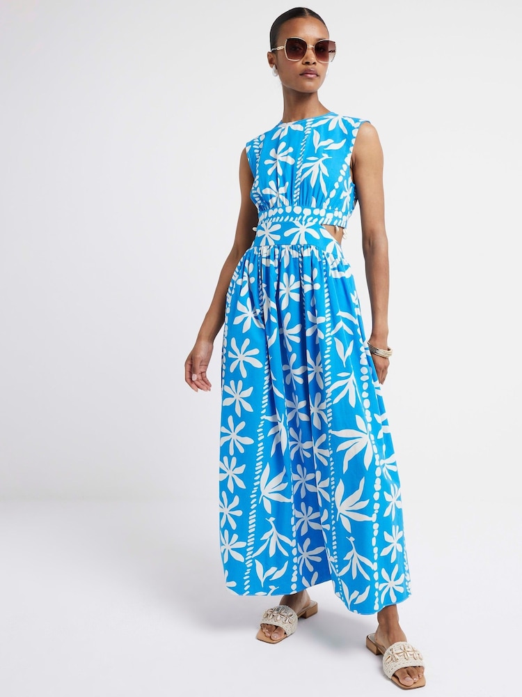 River Island Blue Cut Out Maxi 100% Cotton Dress - Image 1 of 4