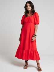 River Island Red Milkmaid Midi Dress With Linen - Image 1 of 6