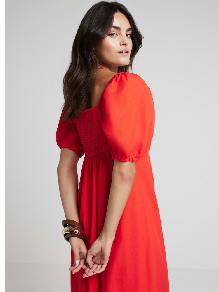 River Island Red Milkmaid Midi Dress With Linen - Image 2 of 6