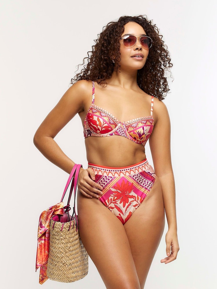 River Island Orange High Wasted Scarf Print Bikini Briefs - Image 1 of 4