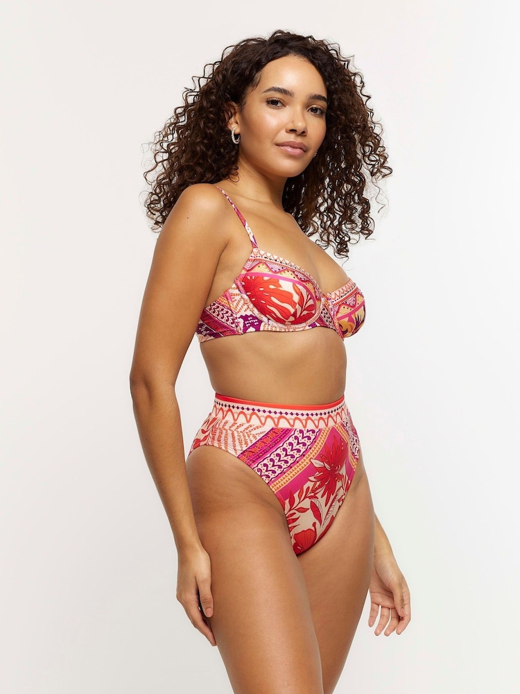 River Island Orange High Wasted Scarf Print Bikini Briefs - Image 3 of 4