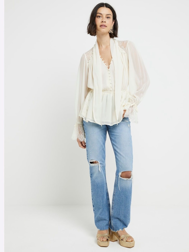 River Island Cream Lace Mix Pussy Bow Blouse - Image 1 of 4
