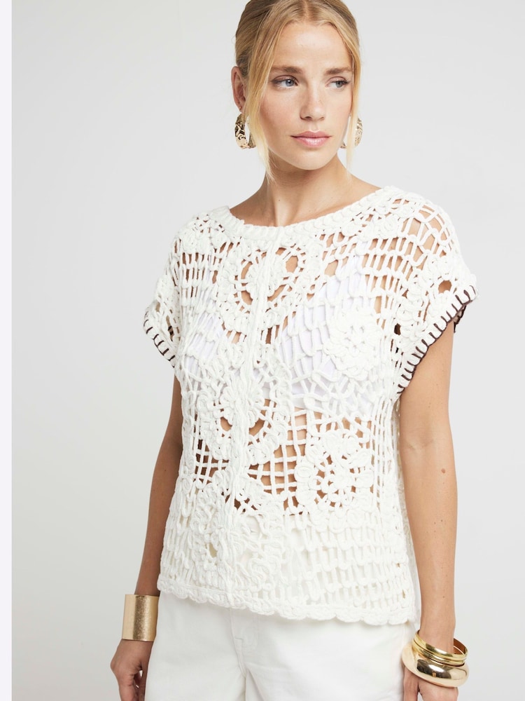 River Island Cream Crochet T-Shirt - Image 1 of 6