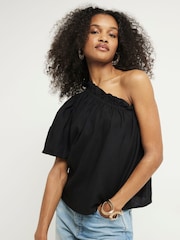 River Island Black One Shoulder Linen Top - Image 1 of 4