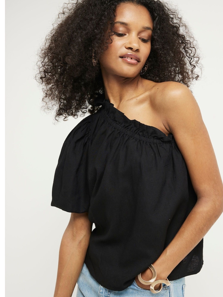 River Island Black One Shoulder Linen Top - Image 2 of 4 River Island Black One Shoulder Linen Top - Image 2 of 4