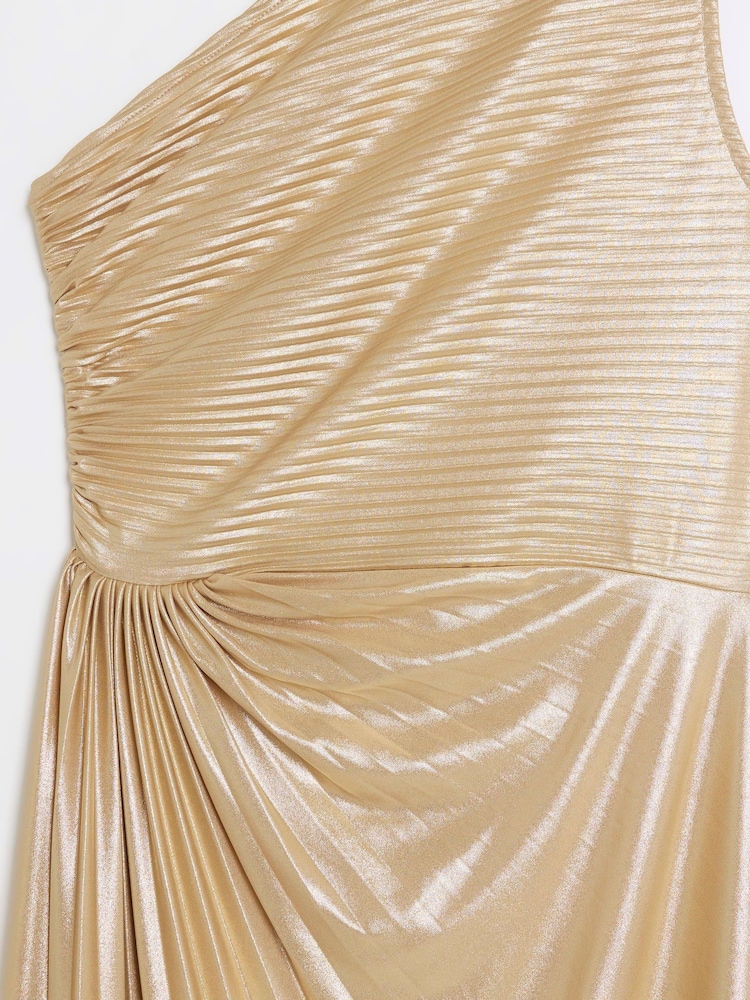 River Island Gold Asym Pleat Slit Midi Dress - Image 5 of 5 River Island Gold Asym Pleat Slit Midi Dress - Image 5 of 5