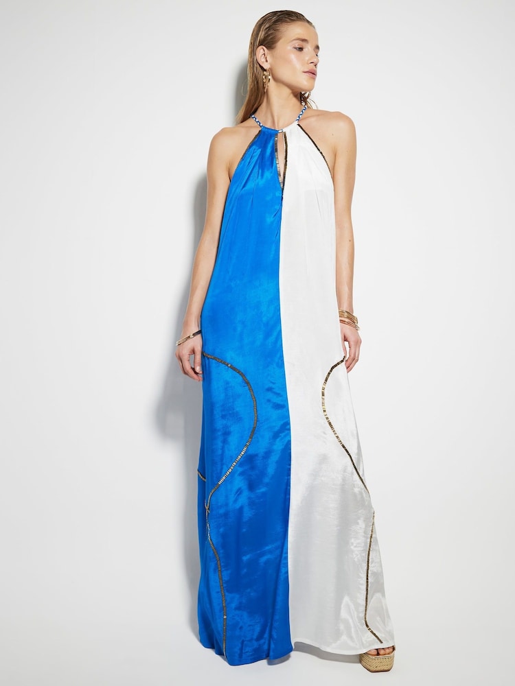 River Island Blue Colour Block Halter Neck Maxi Dress - Image 1 of 3 River Island Blue Colour Block Halter Neck Maxi Dress - Image 1 of 3