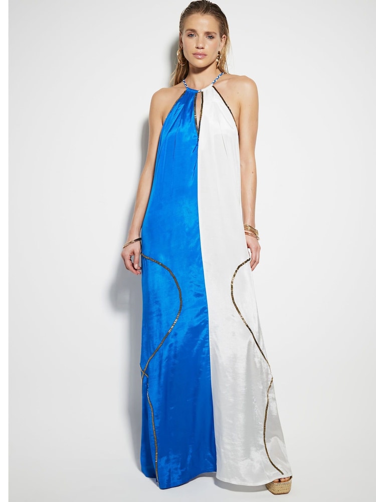 River Island Blue Colour Block Halter Neck Maxi Dress - Image 2 of 3 River Island Blue Colour Block Halter Neck Maxi Dress - Image 2 of 3