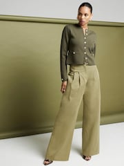Khaki - River Island Plissierte Leinenhose mit weitem Bein - Bild 1 von 5