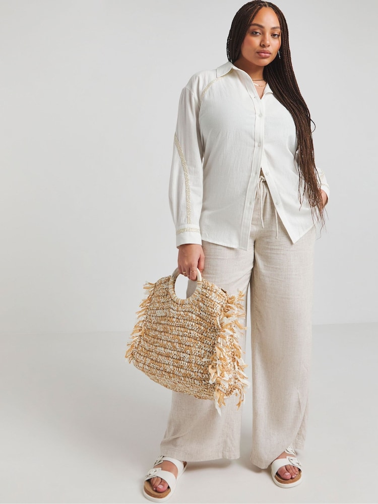 Simply Be Cream Sparkle Trim 100% Cotton Relaxed Shirt - Image 1 of 4